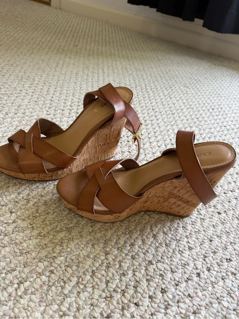 Express Brown Leather Cork Wedge Sandals